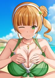 1boy 1girls absurdres bare_shoulders beach bead_necklace beads bikini blonde_hair blue_sky blush breasts closed_mouth cloud collarbone cum day ejaculation female frilled_bikini frills green_bikini green_eyes hair_bun hairband heanna_sumire highres jewelry large_breasts light-skinned_female light-skinned_male light_skin love_live! love_live!_superstar!! mero_en_e necklace one_eye_closed one_side_up outdoors paizuri paizuri_under_clothes pov pov_crotch projectile_cum sky smile straight swimsuit textless_version white_hairband