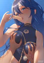 1boy 1girls alternate_costume amezo_(elobozo) bare_arms bare_midriff blue_bikini blue_eyes blue_hair blue_swimsuit brand_of_the_defile brand_of_the_exalt breast_grab breast_squeeze breasts clumsy covered_nipples cute double_breast_grab eating falling female female_focus fire_emblem fire_emblem_awakening fire_emblem_cipher food food_fetish food_on_body food_play from_below groping groping_breasts hair_between_eyes hand_tattoo ice_cream ice_cream_on_breasts licking lobozo long_hair looking_at_viewer looking_down lucina_(fire_emblem) male_pov medium_breasts midriff motion_blur nintendo official_alternate_costume offscreen_character open_mouth outdoors popsicle pov robin_(fire_emblem) robin_(fire_emblem)_(male) seductive seductive_look soft_breasts solo_focus suggestive suggestive_fluid swimsuit swimwear symbol-shaped_pupils tattoo tiara tongue tongue_out