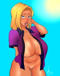 1girls 2023 blonde_hair blue_eyes busty hourglass_figure large_breasts light-skinned_female light_skin looking_at_viewer narrow_waist navel oc open_mouth pamela_oxley pranky sweat sweatdrop tanline thick_lips thick_thighs tummy wide_hips