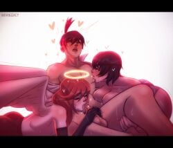 2boys androgynous angel angel_boy angel_devil_(chainsaw_man) angel_wings bangdacy bisexual bisexual_male black_hair chainsaw_man closed_eyes completely_nude fellatio female female_supporting_yaoi femboy gay halo hayakawa_aki high_ponytail himeno_(chainsaw_man) human kissing large_breasts leg_hair light-skinned_female light-skinned_femboy light-skinned_male light_skin male mmf_threesome multiple_boys nipple_play no_pants nude penis pubic_hair red_hair short_hair sucking_nipples threesome wings yaoi