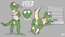 all_fours anthro anus ass backsack balls blush cleaning clothing crocodilian cute_fangs dialogue embarrassed genitals green_body green_scales hi_res male raised_tail reptile scales scalie scrubbing shirt sodacaps solo speech_bubble tail topwear uniform