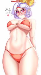 1girls anisdrawn artist_name bikini blush breasts choker dialogue female female_only flustered glasses hair_ornament heart hi_res highres large_breasts nintendo plain_background purah purah_(tears_of_the_kingdom) red_bikini red_eyes sideboob skimpy solo talking_to_viewer tears_of_the_kingdom text the_legend_of_zelda thick_thighs underboob watermark white_background white_hair