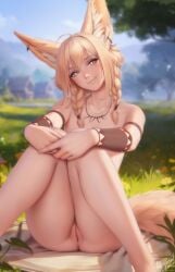 1girls ahoge animal_ears arm_strap blonde_hair blurry blurry_background bracer braid day earrings female female_only flat_chest fox_ears fox_tail highres jewelry khiara_(personalami) looking_at_viewer necklace nude only_accessories original outdoors personalami pussy signature sitting solo tail tooth_necklace twin_braids uncensored yellow_eyes