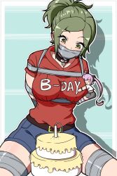 2girls absurdres belt birthday borrowed_character bound breasts cake chibi cloth_gag english_text feet_out_of_frame food forehead gag gagged green_eyes green_hair happy happy_birthday highres hug improvised_gag issa_castagno_(character) looking_down messy_hair multiple_girls olivia_(tiedtiki) original over_the_mouth_gag parted_bangs ponytail purple_hair red_shirt sex_toy shirt short_sleeves shorts surprised tape tape_gag thighs tiedtiki twintails yuri