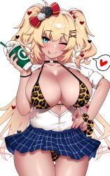 1girls akai_haato blonde_hair blue_eyes blush blush_lines bracelet coffee coffee_cup collar eyebrows_visible_through_hair flower_in_hair gyaru hair_clips hairbow hand_on_hip heart_hair_ornament hololive hololive_gen_1 hololive_japan honeylm27k leopard_print leopard_print_bikini leopard_print_panties long_hair mostly_clothed painted_nails school_uniform short_skirt slim_waist smile tan_body thick_thighs tongue_out twintails virtual_youtuber wink