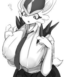 anthro big_breasts bunny bunny_girl cinderace female furry game_freak huge_breasts menyang my700 nintendo pokémon_(species) pokemon pokemon_ss question_mark school_uniform