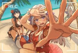 3girls alternate_costume angry beach beach_ball bikini black_bikini black_swimsuit blue_eyes blue_hair bracelet breasts byleth_(female)_(summer)_(fire_emblem) byleth_(fire_emblem) byleth_(fire_emblem)_(female) byleth_(summer)_(fire_emblem)_(female) camera cleavage commentary edelgard_von_hresvelg edelgard_von_hresvelg_(summer) embarrassed female female_only fire_emblem fire_emblem:_three_houses fire_emblem_heroes flower foreshortening green_hair green_little hair_flower hair_ornament large_breasts long_hair looking_at_viewer multiple_girls nintendo official_alternate_costume one-piece_swimsuit open_mouth palm_tree purple_eyes recording red_flower red_one-piece_swimsuit red_swimsuit rhea_(fire_emblem) rhea_(summer)_(fire_emblem) swimsuit thighs white_bikini white_hair white_swimsuit