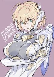 1girls absurd_res android blonde_hair breasts busty curvy cyborg female female_only fiora_(xenoblade) green_eyes highres hourglass_figure large_breasts looking_at_viewer massive_breasts mechanical mechanical_arms mechanical_wings monolith_soft nintendo robot robot_girl short_hair silver_armor simple_background text ug333333 upper_body xenoblade_(series) xenoblade_chronicles