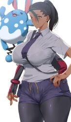 1girls alternate_body_type alternate_breast_size big_breasts bra bra_visible_through_clothes breasts busty curvaceous curvy curvy_body curvy_female curvy_figure d09d03 female game_freak huge_breasts large_breasts nemona_(pokemon) nintendo pokemon pokemon_(game) pokemon_sv thick_thighs thighs voluptuous