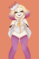 dress_lift inminent_sex looking_at_viewer no_panties pearl_(splatoon) pussy pussy_juice smiling smiling_at_viewer splatoon thatkoza thighs