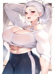 1girls abs ai_generated athletic_female buff buff_female dorohedoro earrings fit_female gym_clothes gym_uniform large_ass large_breasts milf muscular_arms muscular_female noi_(dorohedoro) red_eyes short_hair smiling smiling_at_viewer stable_diffusion sweat sweating tagme tight_clothing white_hair workout_clothes