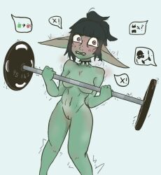 blushing breasts embarrassed embarrassed_nude_female enf female goblin goblin_female green_skin nude okjoeone pussy shaking solo spikes standing weightlifting weights