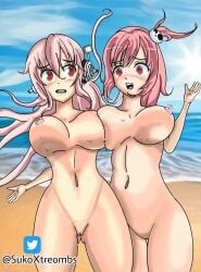 2girls areolae beach big_breasts blush blush_lines breasts dead_or_alive doktanine female female_only honoka_(doa) long_hair looking_at_each_other multiple_girls naked naked_female nipples nude nude_female nudist_beach pussy red_eyes sonico