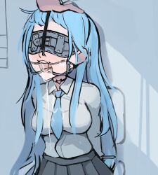 2d blindfold blue_eyes blue_hair character_request closed_eyes clothed copyright_request cum cum_on_face female hand_on_head male nradiowave open_eyes open_mouth skirt tagme