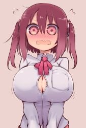 big_breasts blush breast_pocket breasts cleavage cool-kyou_shinja ebina_nana embarrassed himouto!_umaru-chan red_eyes red_hair shirt simple_background solo standing twintails