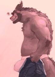 absurd_res annoyed anthro asian_clothing beard bottomwear bulge clothed clothing dragon dressing east_asian_clothing eastern_dragon facial_hair frown fundoshi fur furred_dragon genital_outline hi_res horn huihui883 japanese_clothing kemono male meme muscular pants penis_outline solo solo_male tight_pants_(meme) topless underwear