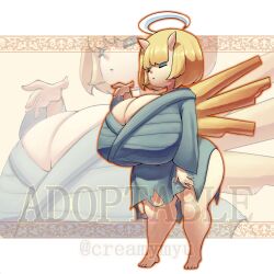 adoptable anthro beige_skin big_ass big_breasts biped blonde_hair breasts closed_eyes creamymyu cute cute_face dress female female_only gijinka halo horn horns humanized_pokemon makeup pokemon pokemon_(species) shedinja shortstack shredded_clothes thick_thighs wings