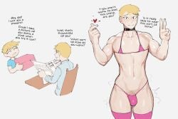 2023 2boys blonde_hair blue_shirt blush cheesecrumbles choker crossdressing dad_(cheesecrumbles) father father_and_son femboy femboy_dilf heart implied_incest incest light-skinned_male lingerie male_only micro_bikini newspaper short_hair son son_(cheesecrumbles) string_panties tagme younger_male