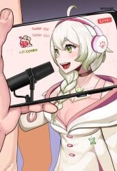 cleavage english_text ferret_girl fruit green_eyes green_hair headphones laimu livestream microphone nicoguer smartphone smile vinesauce virtual_youtuber vtuber