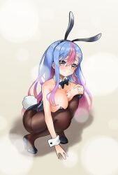 1girls beauty_mark big_breasts bing_hayu blue_hair blush breasts bunnysuit card card_between_breasts clothed clothing fake_animal_ears fake_rabbit_ears female female_only hair_ornament happy kogooma light-skinned_female light_skin luvdia object_between_breasts pink_eyes pink_hair playing_card poker_card smile solo two_tone_hair virtual_youtuber