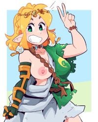 archaic_tunic blonde_hair casual casual_exposure clothing female humanoid hylian link_(cosplay) nipples one_breast_out pale_skin peace_sign princess_zelda scott_malin tears_of_the_kingdom the_legend_of_zelda zelda_(tears_of_the_kingdom) zelda_protagonista zonai_outfit