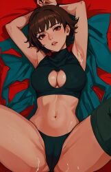 1girls after_sex ai_generated bangs boob_window breasts brown_hair cleavage cleavage_cutout crop_top cum cum_on_armpit cum_on_breasts faden139 female implied_sex large_breasts lips looking_at_viewer lying lying_on_back makoto_niijima megami_tensei midriff missionary_position navel panties persona persona_5 pov red_background red_eyes short_hair spread_legs thick_thighs thighs tight_clothing tomboy