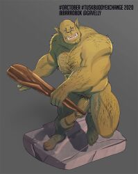 anthro balls barefoot biceps casual_nudity club_(weapon) deltoids feet flaccid foreskin gavel_(artist) genitals green_body hi_res holding_object holding_weapon humanoid humanoid_genitalia humanoid_hands humanoid_penis male male_only manly melee_weapon muscular muscular_anthro muscular_male nipples nude open_mouth orc orc_male pecs penis pubes quads simple_background solo weapon