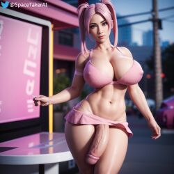 1futa abs ai_generated bra cleavage futa_only futanari looking_at_viewer miniskirt nipple_bulge pink_hair spacetaker thong_straps twintails