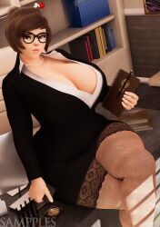 1girls 3d 3d_(artwork) asian asian_female big_breasts big_thighs blazer blizzard_entertainment braless breasts brown_hair cleavage cleavage_cutout clothed clothed_female dress_shirt female female_only fully_clothed glasses hair_pin hands_behind_back huge_breasts large_breasts looking_at_viewer mei_(overwatch) no_bra overwatch sampples skirt solo stockings suit suit_jacket thick_thighs thighs wide_hips