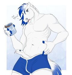 1boy 5_fingers abs angry anthro athletic athletic_male beverage black_eyebrows blue_eyes clothed clothing coffee copper_soul-fate english_text equid equine eyebrows fingers genitals hi_res horse karmen16 male male_focus male_only mammal mug muscular muscular_anthro muscular_male navel open_mouth penis penis_with_face pink_tongue reptile scalie sentient_penis snake snake_penis solo tail text tongue tongue_out underwear unusual_anatomy unusual_genitalia unusual_penis