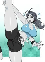 1girls black_legwear clothing curvaceous curvy curvy_female curvy_figure female female_only grey_body human legs_up mossy_(artist) nintendo official_mossy pale_skin shorts solo sportswear stretching stretching_legs tank_top thick_thighs thin_waist wii_fit wii_fit_trainer wristwear yoga