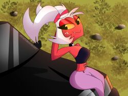 1boy facuwu696art femboy hell helluva_boss imp moxxie_(helluva_boss) moxxine_(helluva_boss) sitting vivziepop white_hair