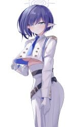 1girls aoi_(blue_archive) blue_archive blue_eyes blue_hair blush breasts clothed_female_nude_male female female_only general_student_council_(blue_archive) general_student_council_logo_(blue_archive) gloves halo light-skinned_female light_skin medium_breasts military_uniform necktie pointy_ears simple_background solo underboob white_background white_gloves yoshi_j