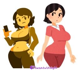 2girls big_breasts black_hair breasts cleavage clothing curvy emoji emoji_(race) eyelashes female female_only irasutoya lineless looking_at_another midriff minus8 mob_face no_outlines tagme white_background yellow_body yellow_skin