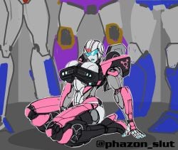 1girls 2023 arcee arcee_(g1) autobot blue_lipstick blue_nails decepticon female large_breasts original_design phazon_slut pinup robot robot_girl simple_background simple_shading sketch soundwave starscream strika transformers transgender_symbol visor