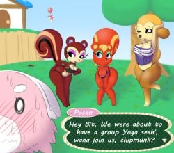 3girls animal_crossing anthro balloon big_breasts bit-small bit_(bit-small) blush breasts caroline_(animal_crossing) cleavage dialogue furry hand_on_head hand_on_hip maddie_(animal_crossing) pecan_(animal_crossing) pokémon_(species) pokemon stufful sweating text thick_thighs wink