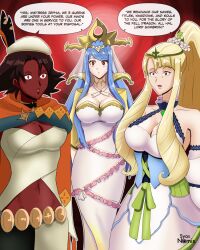 breasts cleavage corruption crown dark-skinned_female dark_skin empty_eyes english_text eve_(fire_emblem) female female_only femdom femsub fire_emblem fire_emblem_engage large_breasts lumera_(fire_emblem) mind_control multiple_girls queen royalty seforia_(fire_emblem) slave syas-nomis text