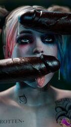 1girls 3d 3d_(artwork) batman_(series) big_penis blender blender_(software) bobbysnaxey completely_naked completely_naked_female completely_naked_male completely_nude completely_nude_female completely_nude_male cum_leaking dark-skinned_male dc dc_comics drooling female female_focus harley_quinn harley_quinn_(injustice) huge_cock injustice_2 interracial leaking_cum mmf_threesome multiple_males netherrealm_studios pale-skinned_female pale_skin penis saliva_string tattoos threesome tongue tongue_out