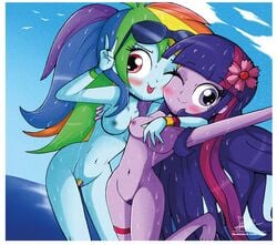 2girls blue_skin blush bracelet breasts equestria_girls female female_only friendship_is_magic hair_flower human humanized long_hair multicolored_hair my_little_pony navel nipples nude pink_eyes ponytail pubic_hair purple_eyes purple_skin rainbow_dash_(mlp) smooth_skin sunglasses sunglasses_on_head the-butch-x the_butcher_(artist) thigh_strap tied_hair twilight_sparkle_(mlp) v wink