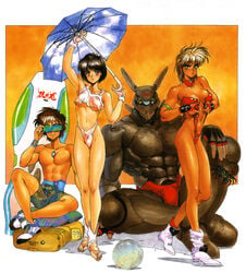 appleseed bikini briareos_hecatonchires cleavage deunan_knute hitomi_(appleseed) masamune_shirow mizugi orange_background shirou_masamune shirow_masamune white_background yoshitsune