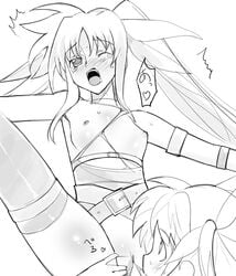 2girls a1 censored fate_testarossa female initial-g mahou_shoujo_lyrical_nanoha monochrome multiple_girls nipples nopan oppai takamachi_nanoha torn_clothes vagina yuri