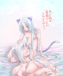 animal_ears anthro arumat_p._thanatos bed blue_hair cat cat_ears cat_tail catgirl cum eldarian elf feline flat_chest furry green_eyes interspecies long_hair meracle meracle_chamlotte nude oppai scar sleeping slit_pupils small_breasts star_ocean star_ocean_4 tail translation_request white_hair