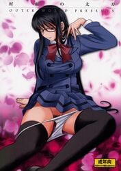 black_eyes black_hair chiba_shuusaku cover glasses high_res highres long_hair megane murasame_sumika panties panties_on_outside panty_pull petals pubic_hair ribbon sasameki_koto school_uniform sitting solo thighhighs underwear very_long_hair white_panties