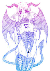 artist_request character_request clitoris_chain clitoris_piercing clitoris_ring copyright_request crying demon_horns demon_tail demon_wings ear_piercing female long_ears long_hair medium_breasts monochrome nipple_chain nipple_piercing nipples_to_pussy no_humans piercing pixiv8738 sketch solo tattoo