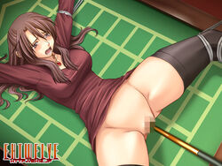 bondage brown_eyes brown_hair censored clothing kanzaki_naoya long_hair nopan novelty_insertion pool_cue pool_table roulette spread_legs tied