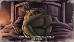 2020s 2023 anthro anthro_only anus ass basdl2003 bed bethesda_softworks big_breasts big_butt bodily_fluids breasts dagger deeja dialogue digital_media_(artwork) digital_painting_(artwork) english_text female furniture genital_fluids genitals green_body green_scales hi_res horn looking_at_viewer markings melee_weapon non-mammal_breasts nude on_bed orange_eyes orange_sclera presenting pussy pussy_juice reptile scale_markings scales scalie sharp_teeth smile solo spikes spikes_(anatomy) tail teeth text the_elder_scrolls thick_thighs weapon