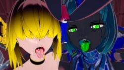 3girls android blue_hair choker clawed_fingers dark_hair dark_skin drooling giantess green_eyes held_up imminent_vore koikatsu mechanical multiple_girls open_mouth over_the_shoulder red_hair sally_(fondler) steele734_(artist) tagme tongue_out unusual_saliva vore yellow_highlights