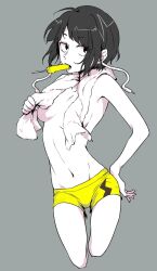 10s 1girls bad_id bad_twitter_id bisuko_(viskonthius) breasts covering covering_breasts cropped_legs earplugs food grey_background groin hand_on_own_hip highres jirou_kyouka kyoka_jiro monochrome my_hero_academia navel no_bra popsicle short_hair short_shorts shorts simple_background small_breasts solo stomach topless towel yellow_shorts