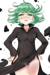 1girls black_pubic_hair blush blushing breasts clothed clothing female female_only female_pubic_hair green_eyebrows green_eyes green_hair no_panties okpriko one-punch_man open_mouth pubic_hair short_hair small_breasts solo tatsumaki thick_thighs