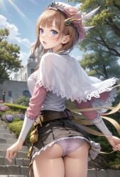 ai_generated ass atelier_(series) atelier_rorona blue_eyes blush breasts brown_hair cameltoe capelet corset embarrassed female from_behind hat long_hair looking_at_viewer looking_back medium_breasts open_mouth panties rororina_fryxell shiny shiny_hair shiny_skin sideboob skirt skirt_lift solo